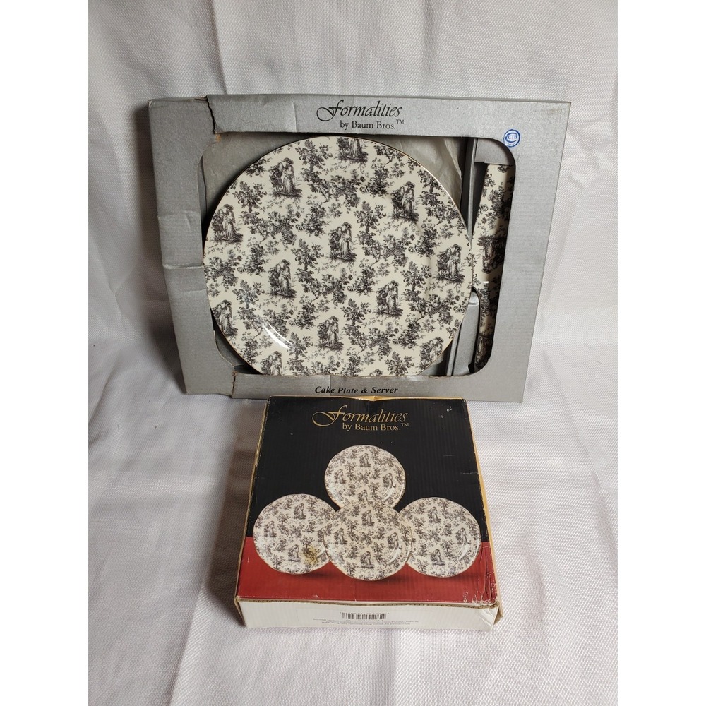 Formalities by Baum Bros Black Toile Cake Plate Server‎ & 4 Dessert Plates NIB